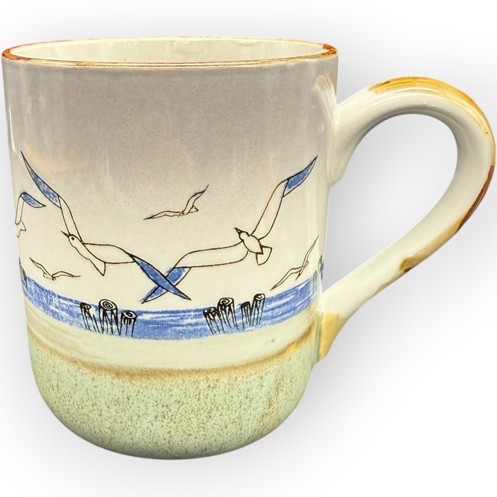 Vtg Japan Coastal Seagull Stoneware Coffee Mug Hand Painted Nautical Beach Decor